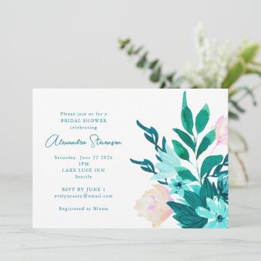 Aqua Blue Green Watercolor Floral Bridal Shower Invitations