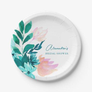 Aqua Blue Green Watercolor Floral  Paper Plates