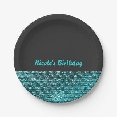 Aqua Blue & Grey Modern Glam Sequins Chic Party Paper Plates