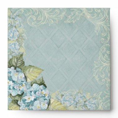 Aqua Blue Hydrangea Swirl Floral Flower Wedding Envelope