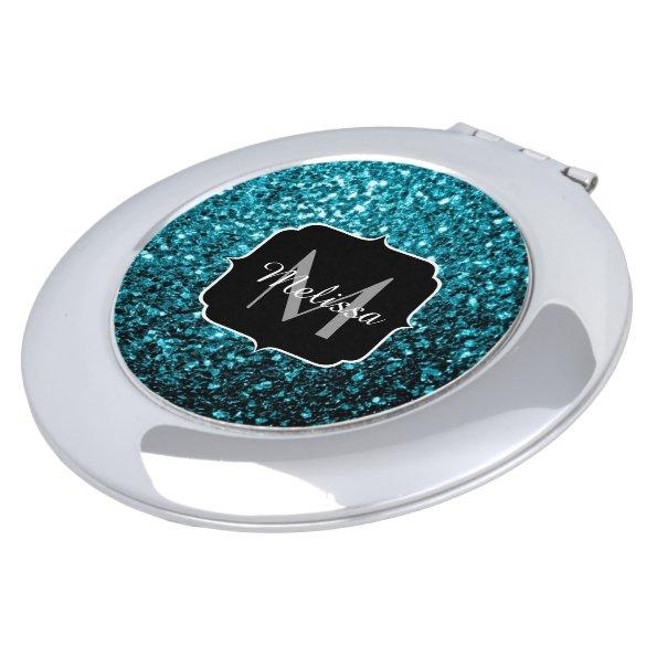 Aqua blue shiny faux glitter sparkles Monogram Vanity Mirror