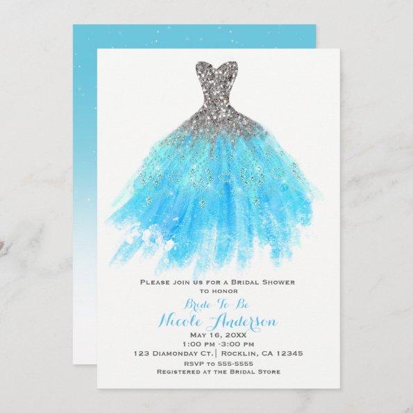 Aqua Blue Silver Glitter Glam Dress Bridal Shower Invitations