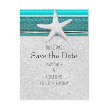 Aqua Blue & Silver Starfish Beach Save the Date Announcement PostInvitations