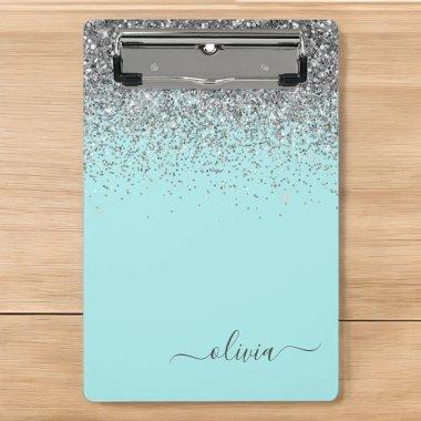 Aqua Blue - Teal and Silver Glitter Monogram Mini Clipboard