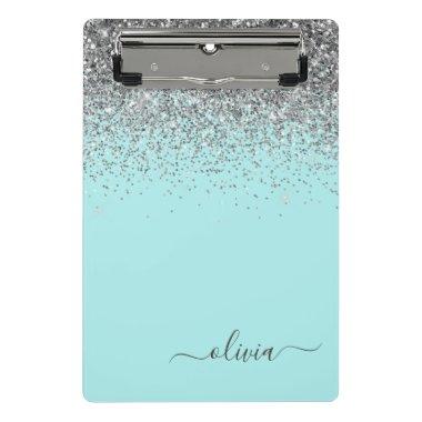 Aqua Blue - Teal and Silver Glitter Monogram Mini Clipboard