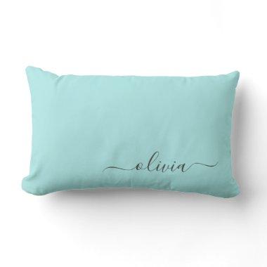 Aqua Blue Teal Girly Script Monogram Name Modern Lumbar Pillow