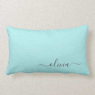 Aqua Blue Teal Girly Script Monogram Name Modern Lumbar Pillow