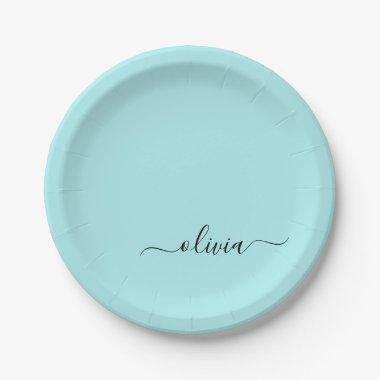 Aqua Blue Teal Girly Script Monogram Name Modern Paper Plates