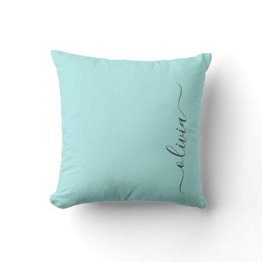 Aqua Blue Teal Girly Script Monogram Name Modern Throw Pillow