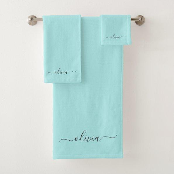 Aqua Blue Teal Modern Script Girly Monogram Name Bath Towel Set