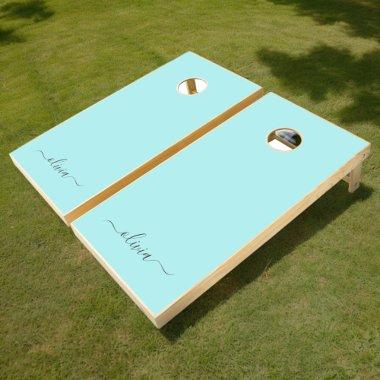 Aqua Blue Teal Modern Script Girly Monogram Name Cornhole Set