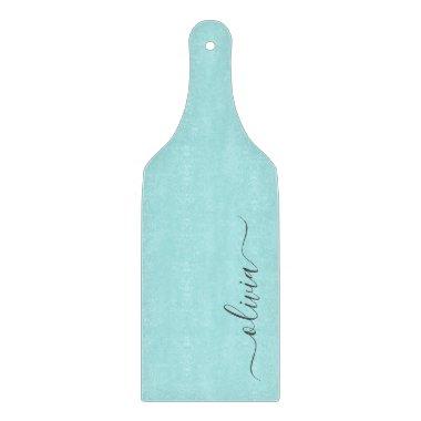 Aqua Blue Teal Modern Script Girly Monogram Name Cutting Board