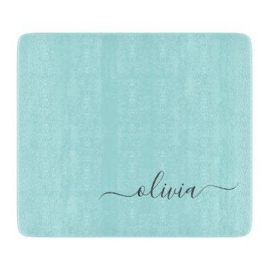 Aqua Blue Teal Modern Script Girly Monogram Name Cutting Board