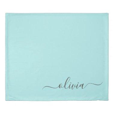Aqua Blue Teal Modern Script Girly Monogram Name Duvet Cover