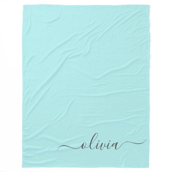 Aqua Blue Teal Modern Script Girly Monogram Name Fleece Blanket