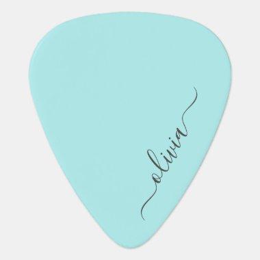 Aqua Blue Teal Modern Script Girly Monogram Name Guitar Pick