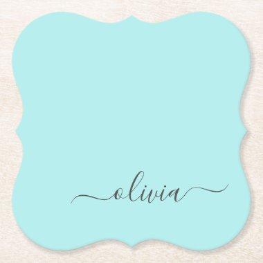 Aqua Blue Teal Modern Script Girly Monogram Name Paper Coaster