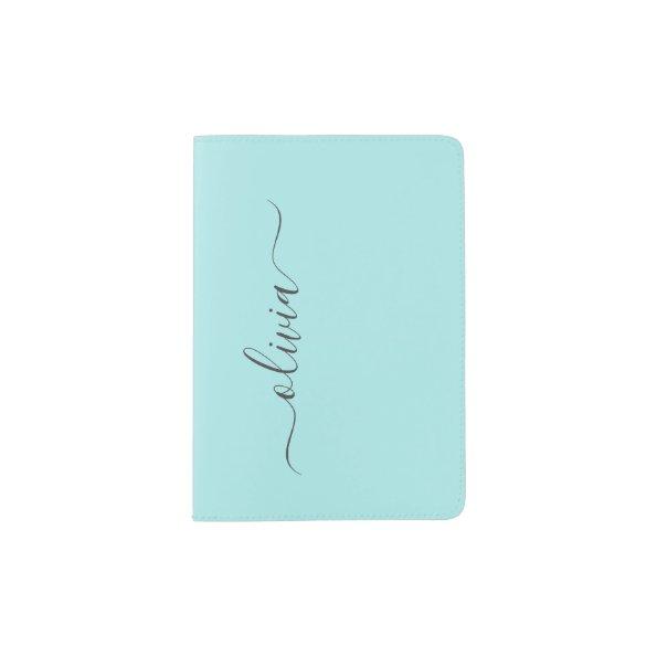 Aqua Blue Teal Modern Script Girly Monogram Name Passport Holder
