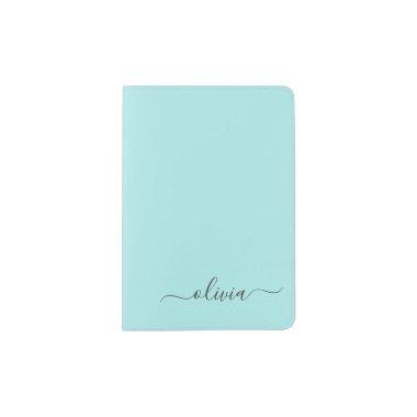 Aqua Blue Teal Modern Script Girly Monogram Name Passport Holder