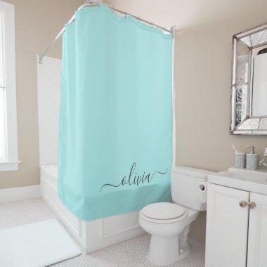 Aqua Blue Teal Modern Script Girly Monogram Name Shower Curtain