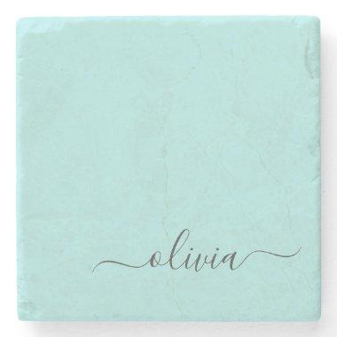 Aqua Blue Teal Modern Script Girly Monogram Name Stone Coaster