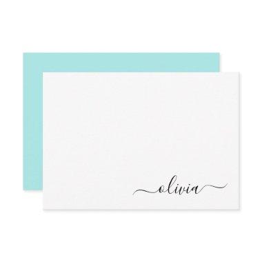 Aqua Blue Teal Modern Script Girly Monogram Name Thank You Invitations