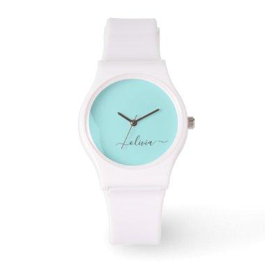 Aqua Blue Teal Modern Script Girly Monogram Name Watch