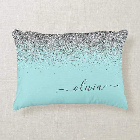 Aqua Blue Teal Silver Glitter Monogram Accent Pillow