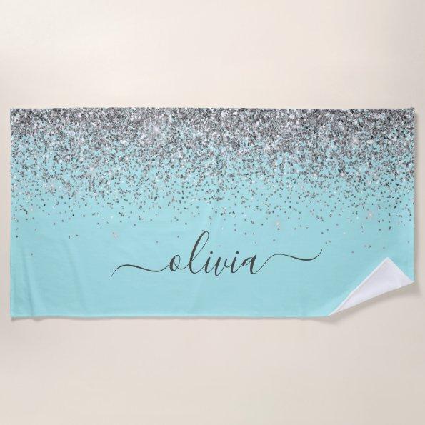 Aqua Blue Teal Silver Glitter Monogram Beach Towel