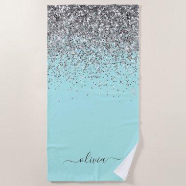 Aqua Blue Teal Silver Glitter Monogram Beach Towel