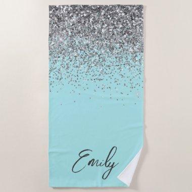 Aqua Blue Teal Silver Glitter Monogram Beach Towel