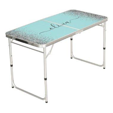 Aqua Blue Teal Silver Glitter Monogram Beer Pong Table