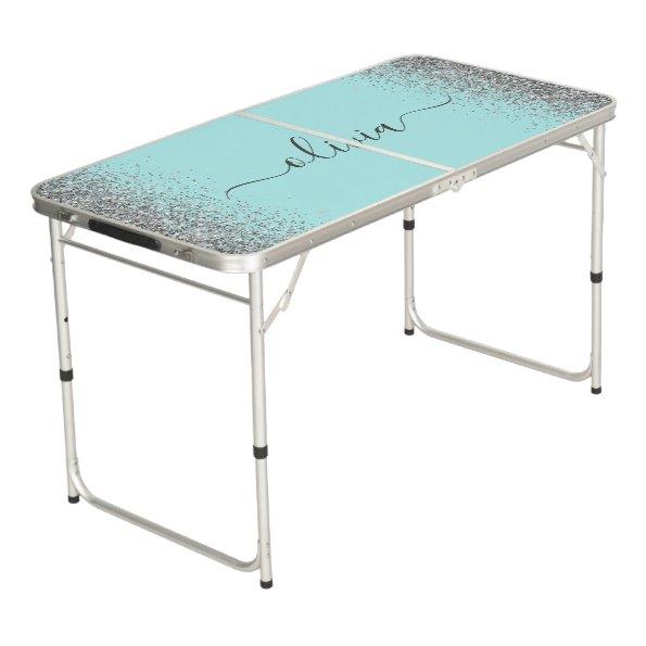 Aqua Blue Teal Silver Glitter Monogram Beer Pong Table