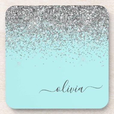 Aqua Blue Teal Silver Glitter Monogram Beverage Coaster