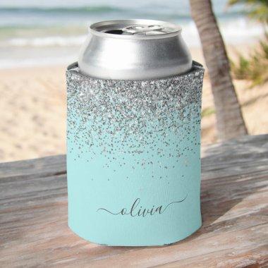 Aqua Blue Teal Silver Glitter Monogram Can Cooler