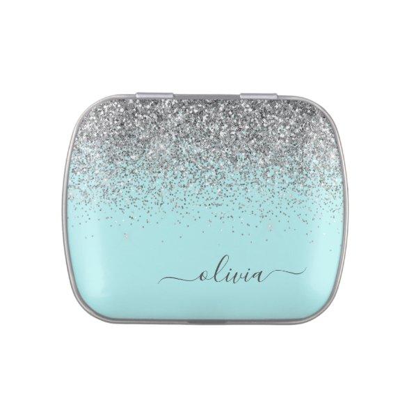 Aqua Blue Teal Silver Glitter Monogram Candy Tin