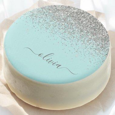 Aqua Blue Teal Silver Glitter Monogram Chocolate Covered Oreo