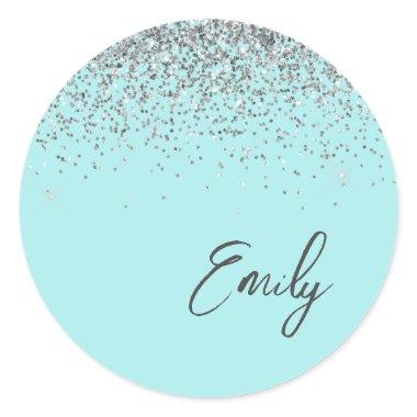 Aqua Blue Teal Silver Glitter Monogram Classic Round Sticker