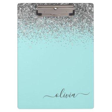 Aqua Blue Teal Silver Glitter Monogram Clipboard