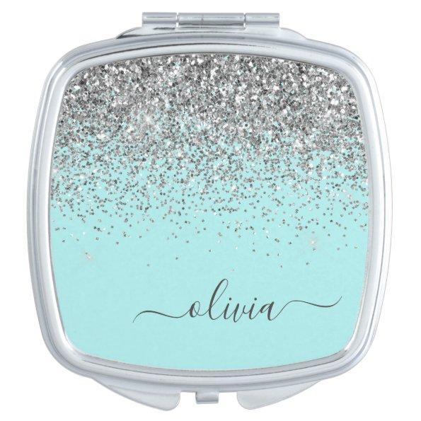 Aqua Blue Teal Silver Glitter Monogram Compact Mirror