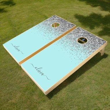 Aqua Blue Teal Silver Glitter Monogram Cornhole Set