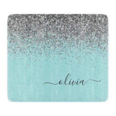 Aqua Blue Teal Silver Glitter Monogram Cutting Board