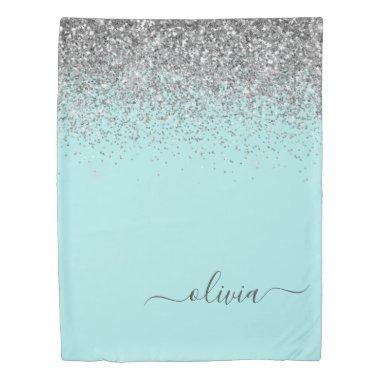 Aqua Blue Teal Silver Glitter Monogram Duvet Cover