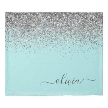 Aqua Blue Teal Silver Glitter Monogram Duvet Cover