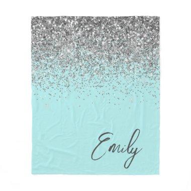 Aqua Blue Teal Silver Glitter Monogram Fleece Blanket