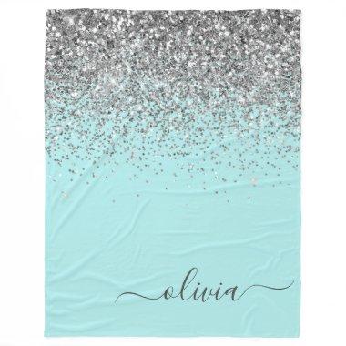 Aqua Blue Teal Silver Glitter Monogram Fleece Blanket