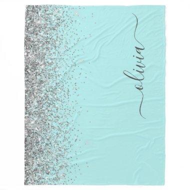 Aqua Blue Teal Silver Glitter Monogram Fleece Blanket