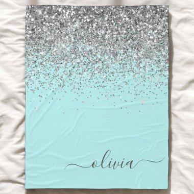 Aqua Blue Teal Silver Glitter Monogram Fleece Blanket