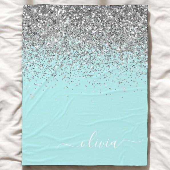 Aqua Blue Teal Silver Glitter Monogram Fleece Blanket