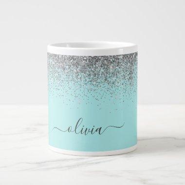 Aqua Blue Teal Silver Glitter Monogram Giant Coffee Mug